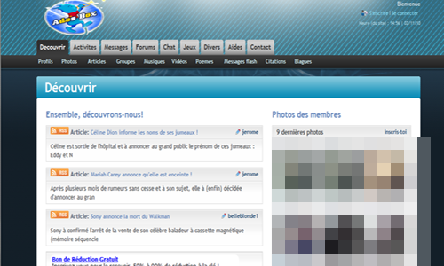 Page d'accueil d'Adosbox : rubriques, articles de la communauté et photos des membres