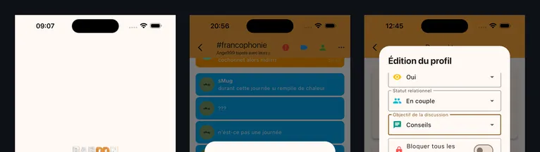 Trois écrans de l'application Baboon : accueil, salon de discussion avec signalement, et filtres du profil