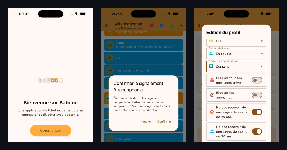 Trois écrans de l'application Baboon : accueil, salon de discussion avec signalement, et filtres du profil