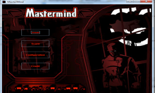 Écran titre du jeu MasterMind : menu Jouer, Score, Configuration, Crédit