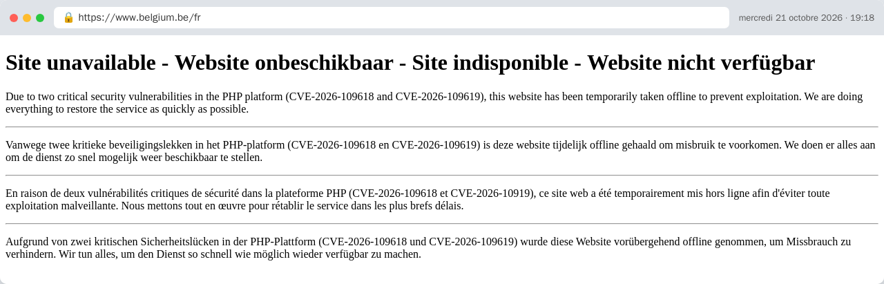 Page d'indisponibilité de belgium.be, en quatre langues, citant CVE-2026-109618 et CVE-2026-109619