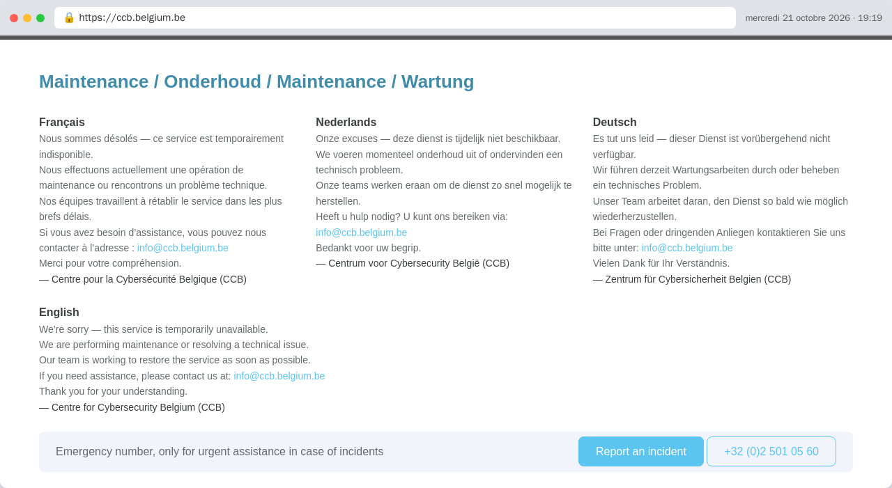 Page de maintenance du site du Centre pour la Cybersécurité Belgique