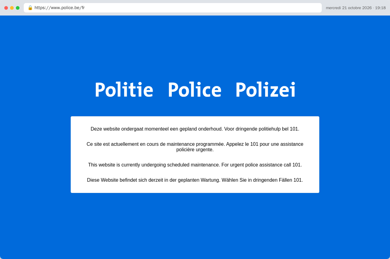 Page de maintenance de police.be, sur fond bleu, renvoyant vers le 101