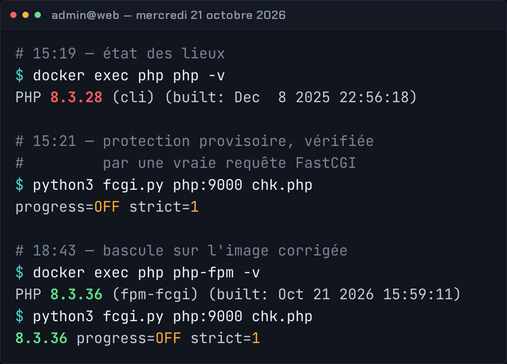 Terminal : PHP 8.3.28 à 15 h 19, protection provisoire vérifiée à 15 h 21 (progress=OFF strict=1), puis PHP 8.3.36 après la bascule à 18 h 43